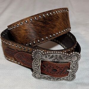 Brown Cow Hide Women’s Wide Leather Belt with Silver Buckle